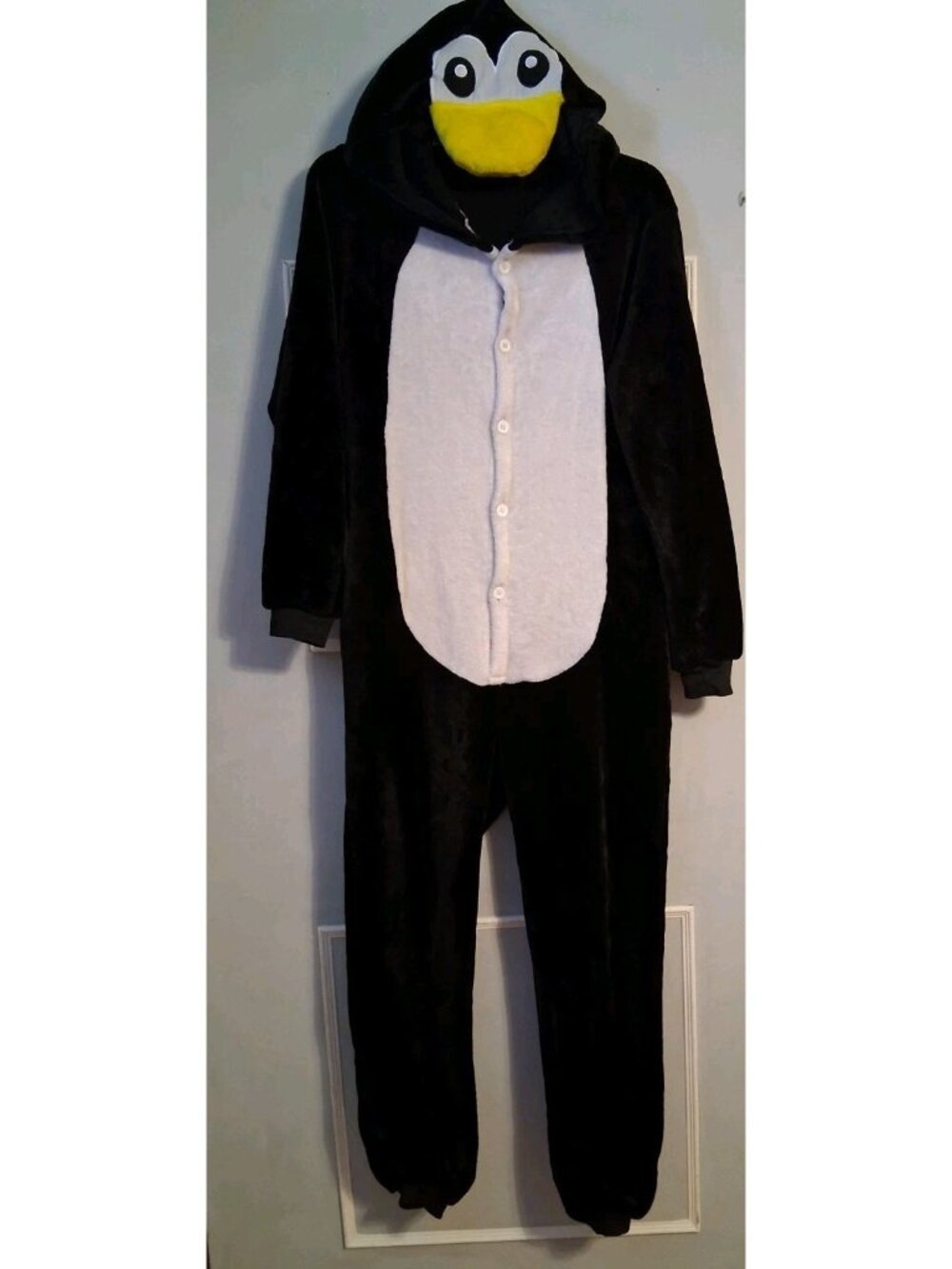 Penguin Plush One Piece Jumpsuit Adult M Black & White Hooded Back Zipper Flap